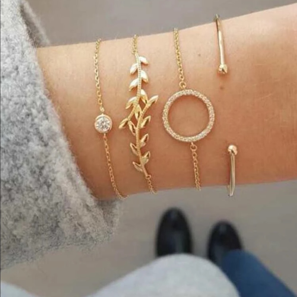 Gold leaf and Rhinestone bracelet set 4 piece